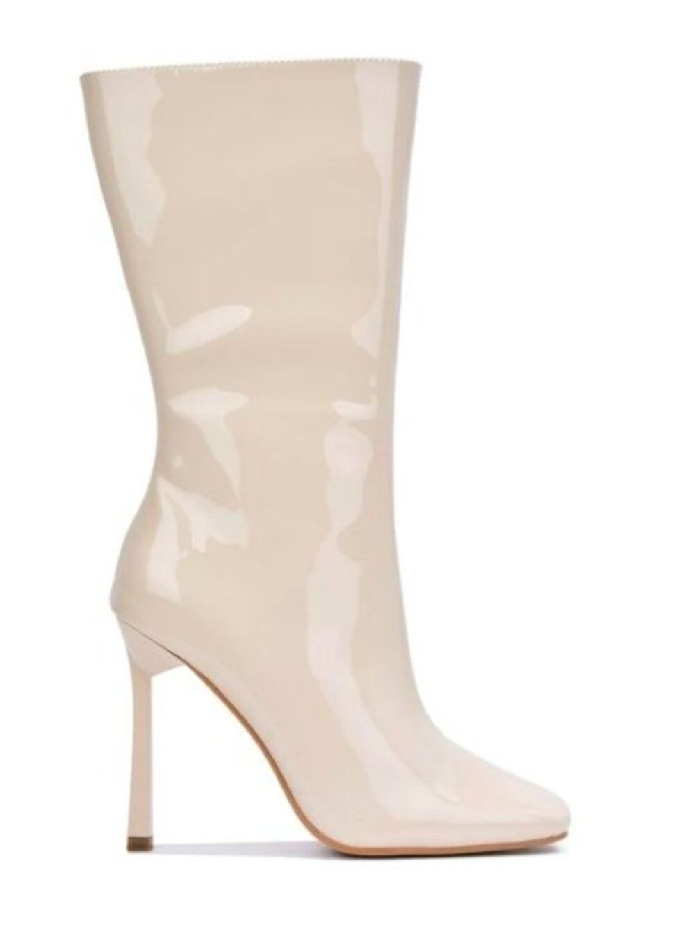 Patent Leather Square Toe Stiletto Heel Mid-Calf Boots In Off White With Side Zi